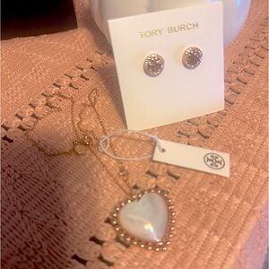 Gorgeous Tory Burch Rose Gold Set Opal heart necklace any logo crystal studs